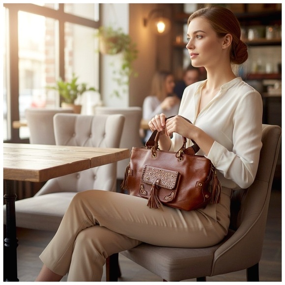 Gustto Women’s Brown Leather Shoulder Bag with Gold Accents. 17.5” x 9.5” - Picture 9 of 15